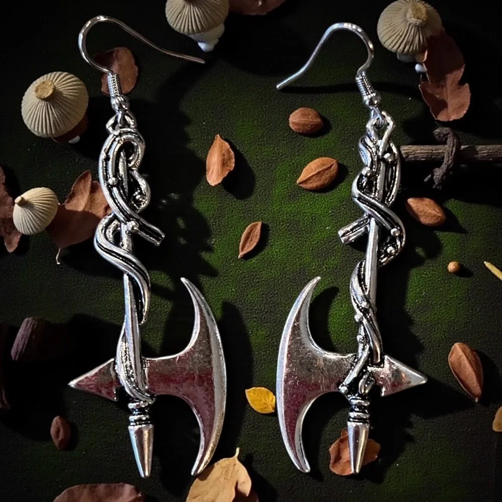 Silver Toned Battle Axe Earrings